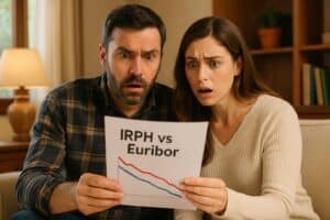 Pareja sorprendida mirando un extracto bancario con un gráfico comparativo entre IRPH y Euríbor.
