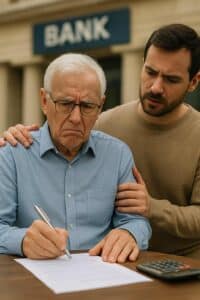 Hombre mayor firmando un documento con expresión de duda, acompañado por un familiar, frente a un banco desenfocado.