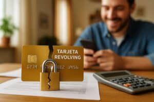 Tarjeta de crédito revolving rota con un candado sobre documentos financieros, mientras un hombre sonríe al revisar su móvil.